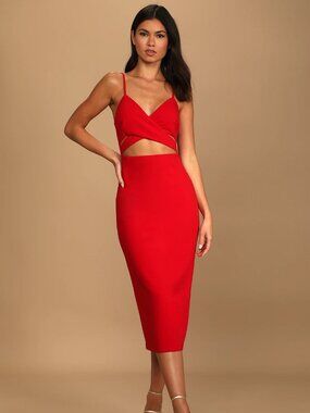 Lulus Cross Your Heart Red Surplice Cutout Bodycon Midi Dress